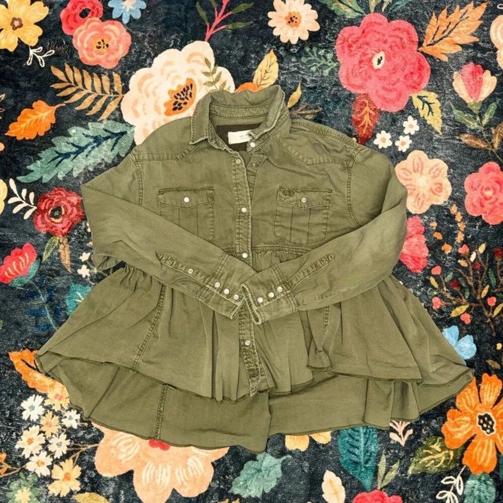 We The Free Free People Dylan Cotton Peplum Shirt Jacket Olive Green S
